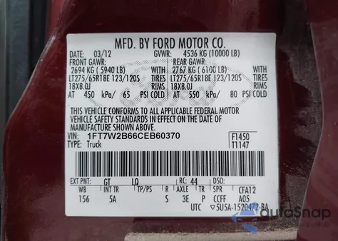 2012 Ford F-250 Lariat from USA, damaged, VIN 1FT7W2B66CEB60370